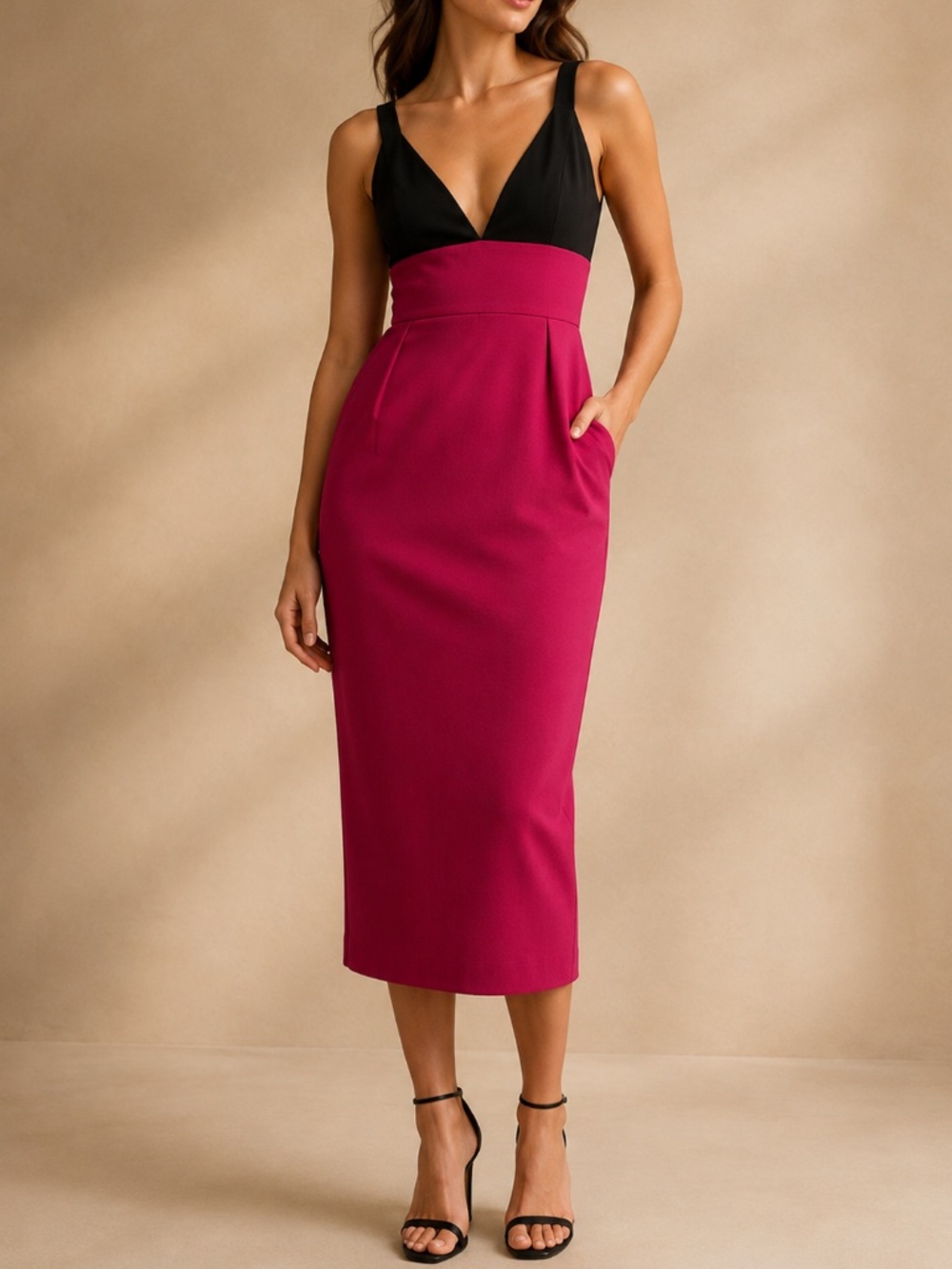 Jill Jill Stuart NWT Pink Black Colorblock V Neck Midi Dress Size 2